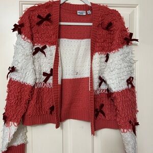 Mighty Fine Red and White Fuzzy Cardigan Sweater